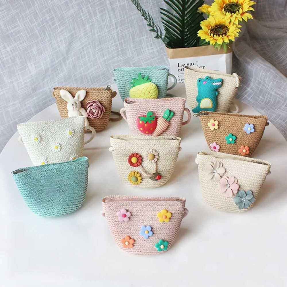 

Fashion Cute Straw Shoulder Bags Summer Flowers Woven Crossbody Bag Children Handmade Mini Coin Purse Kids Girls