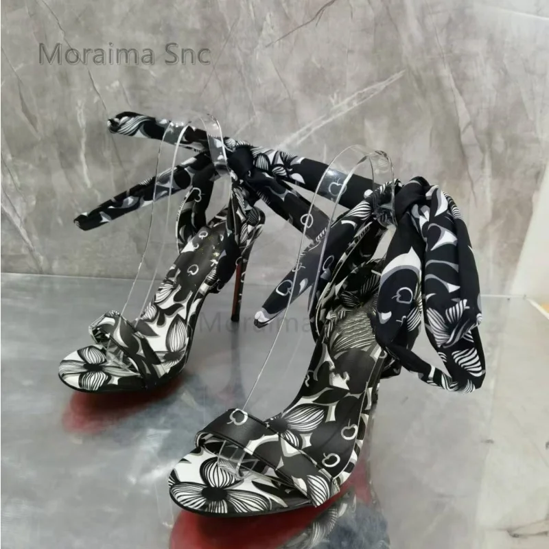 Black White Prints Stain High Heeled Sandals for Women Summer Open Toe Stiletto Heels Ankle Strap Sandals Lace Up Brand Shoes