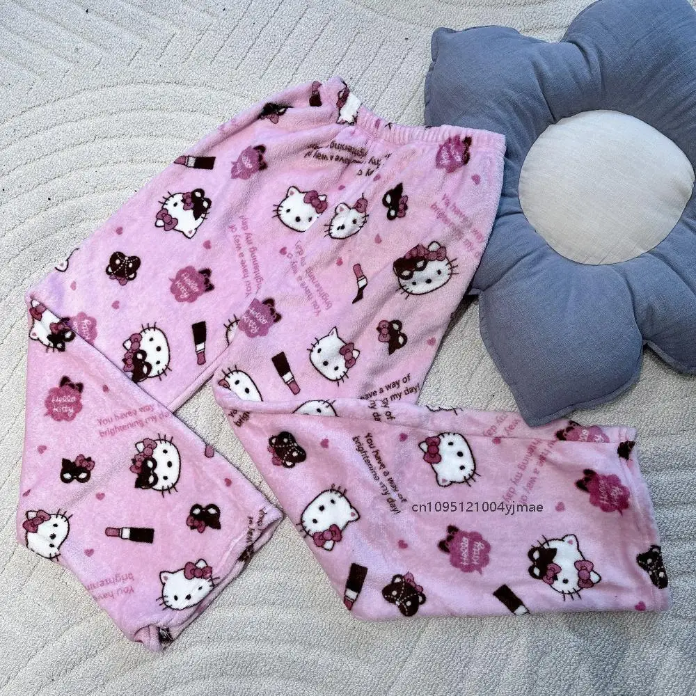 Piyama flanel Sanrio Hello Kitty Kuromi baru 2025 celana hangat bulu domba kasual musim dingin wanita celana pakaian rumah santai hadiah anak perempuan
