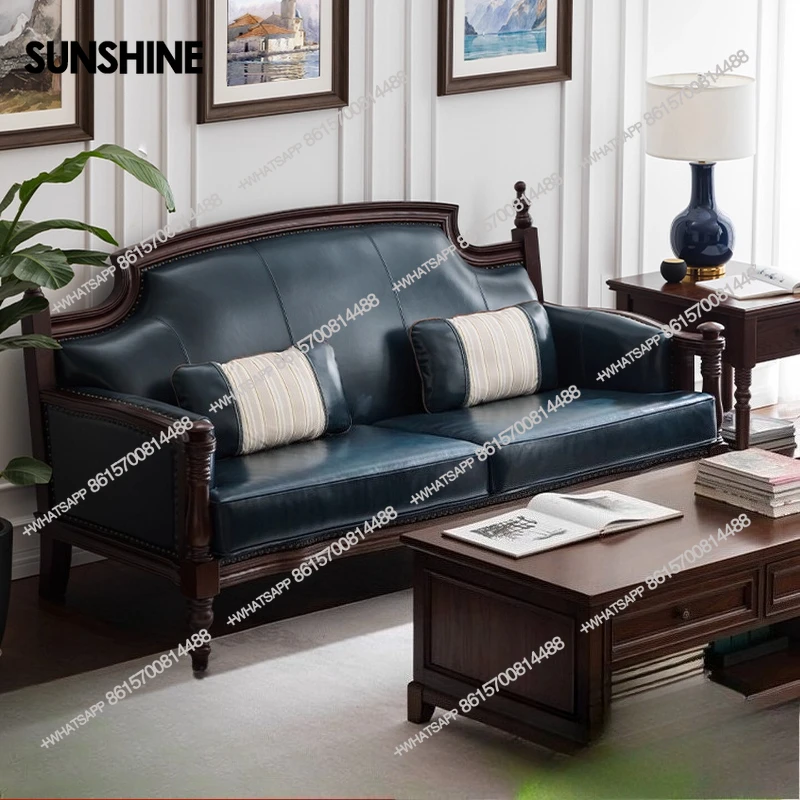 

American leather blue solid wood leather sofa living room furniture large apartment