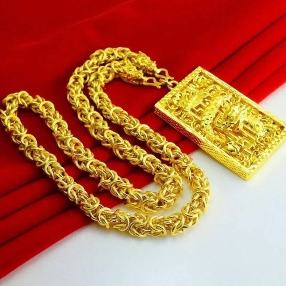 Goldpure 9999 24K Real Gold Dragon Necklace Pendant with Powerful and Coarse Fabric Pattern Dragon Chain Head Necklace