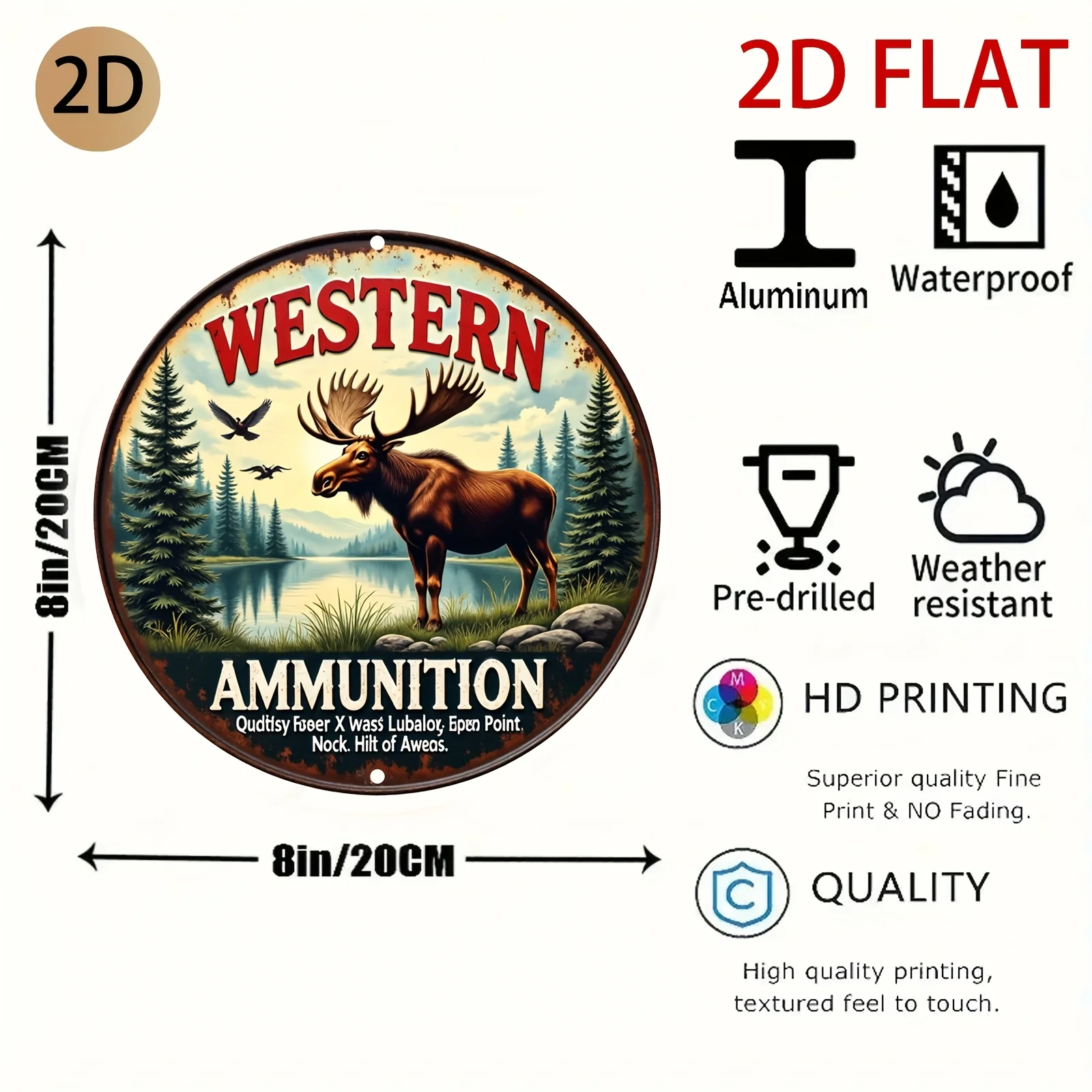 2D Flat - A Round Vintage Tin Sign for The 2D Plane Showcasing a Moose And a Woodland Backdrop, Adorned with The Words WESTERN A