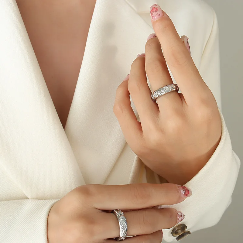 Ethnic Style 316L Stainless Steel Rings For Women 18k Gold Plated Waterproof Fadeless Relief Pattern Women\'s Ring Woman Jewelry