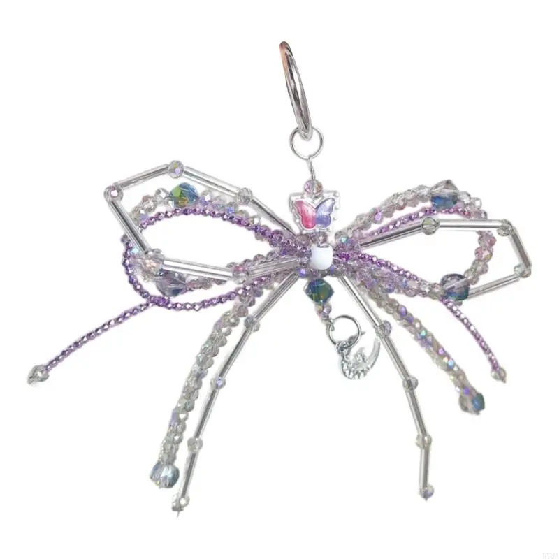 57QA Glass Beaded Bowknot Phone Strap Butterfly Knot Pendant Keyring Stylish Phone Charm Adorment for Women and Girls