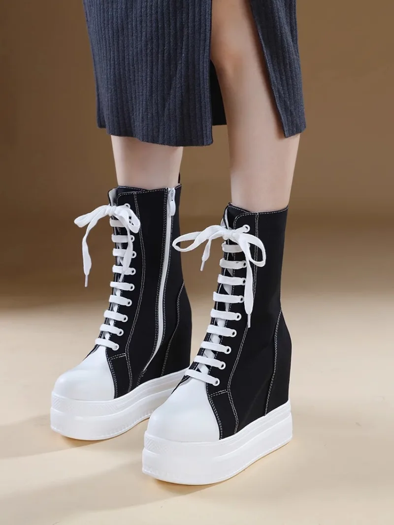 14CM Wedge Heel Ankle Boots in To Increase The Platform Nightclub Sexy Front Lace-up Round Head Super High Heel Boots for Women