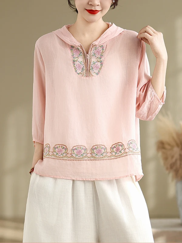 

Легкая хлопково-льняная рубашка с вышивкой, повседневная, свободного кроя, с принтом, с коротким рукавом, с капюшоном, защита от УФ-излучения, летняя мода