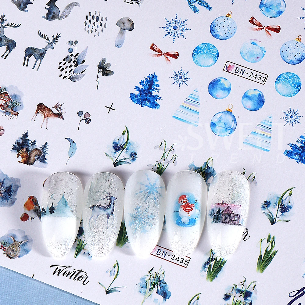 2장 - 24가지 디자인 겨울 크리스마스 네일 스티커 워터 트랜스퍼 데칼 엘크 산타 펭귄 눈송이 슬라이더 매니큐어 장식용