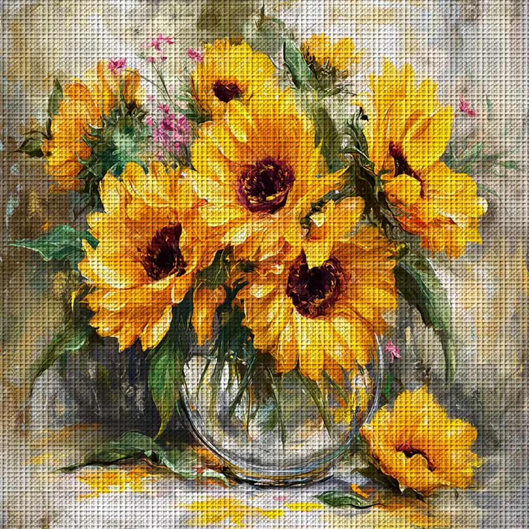 1 Stück 36x36cm/14,1x14,1 Zoll, 11CT Druck-Kreuzstich-Set, Van Gogh Stil Sonnenblume, Entspannendes Kreuzstich-Set für Erwachsene Anfänger