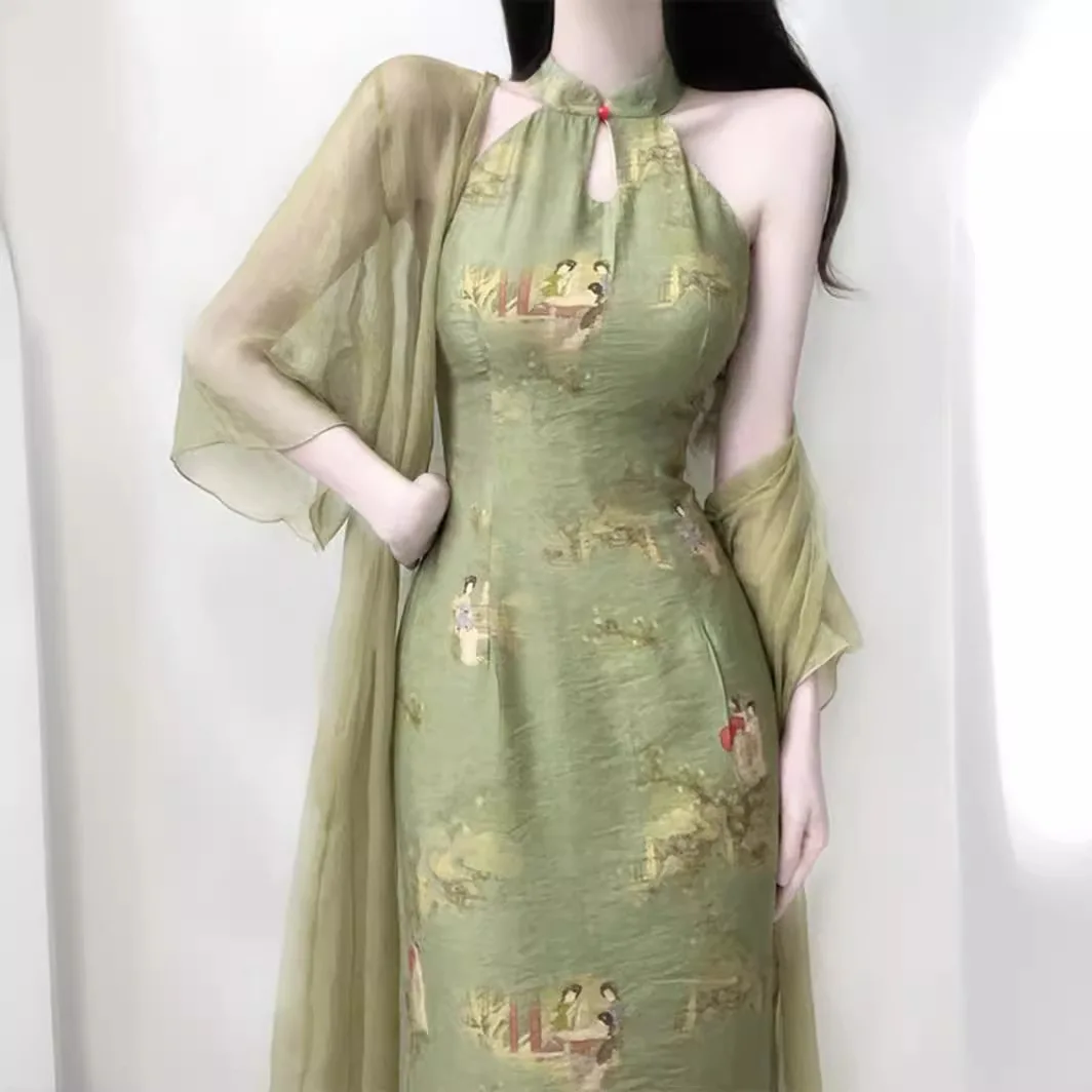 2024 Groene Chinese Stijl Cheongsam One Set Vintage S Tot Xxl Halter Jurk Mouwloos Verbeterde Qipao Vrouwen Lange Jurk Met Sjaal