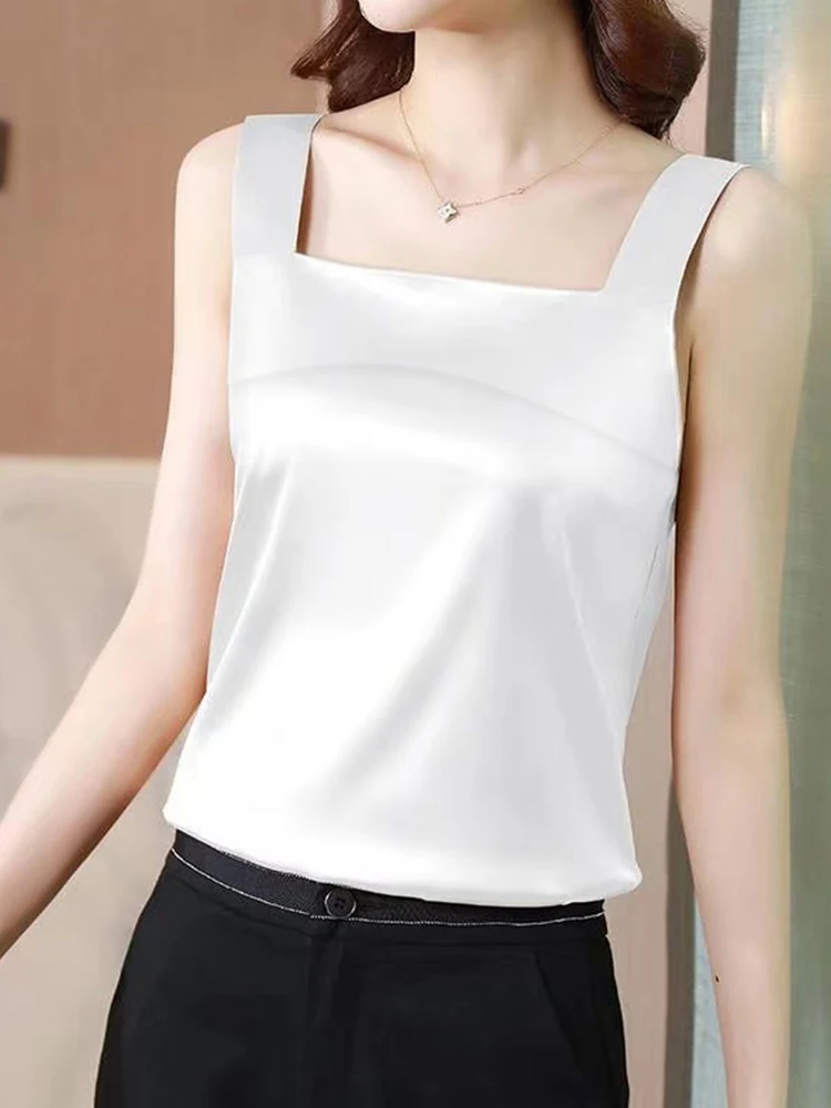 Verão de fundo cetim cor sólida comute colete fino all-match moda sem mangas t-shirts casual gola quadrada regata