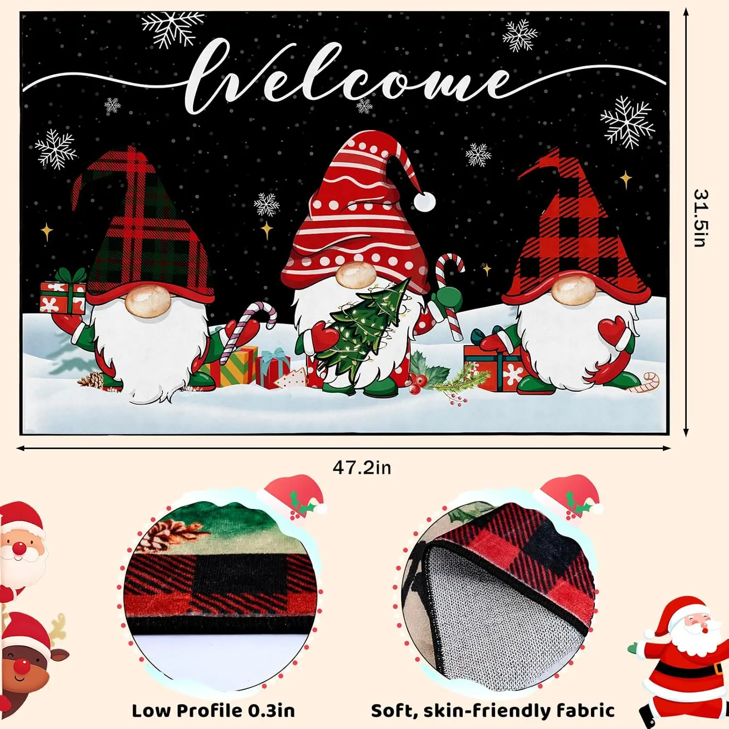 Merry Christmas Door Mat Non Slip Welcome Doormat,Winter Xmas Holiday Floor Mat Washable Low Profile Entrance Doormat Kitchen