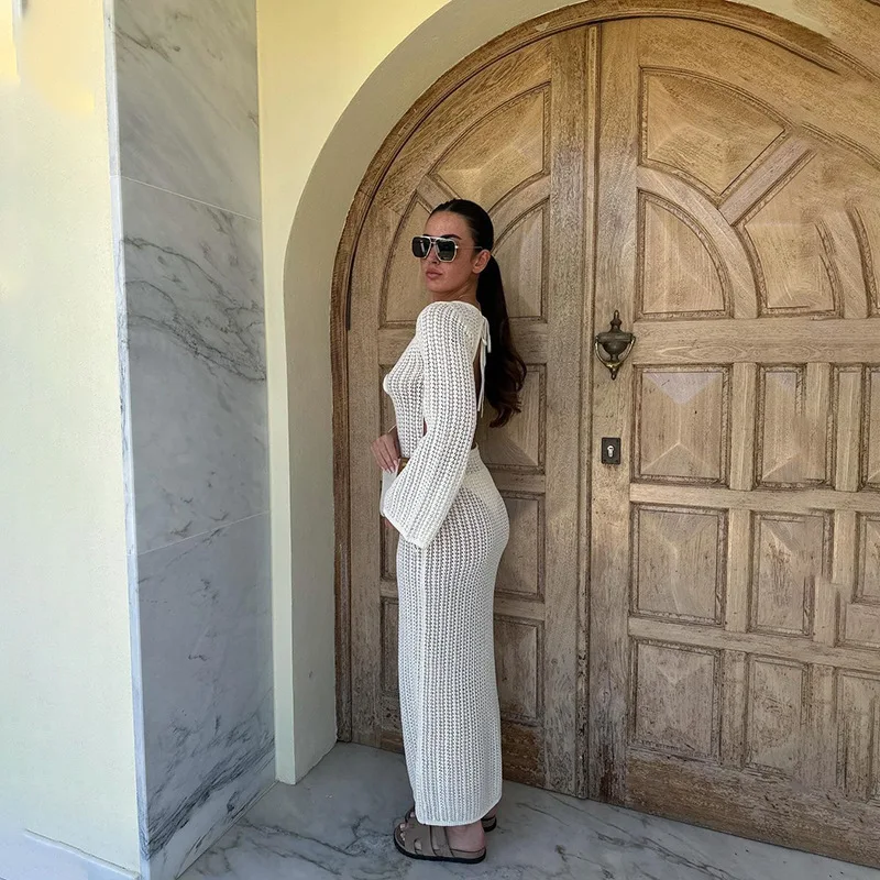 فستان مثير نحيف بلون سادة موضة الصيف عادية مريحة منتجع الشاطئ فساتين طويلة الأكمام بلوفر مغزول ملابس امرأة