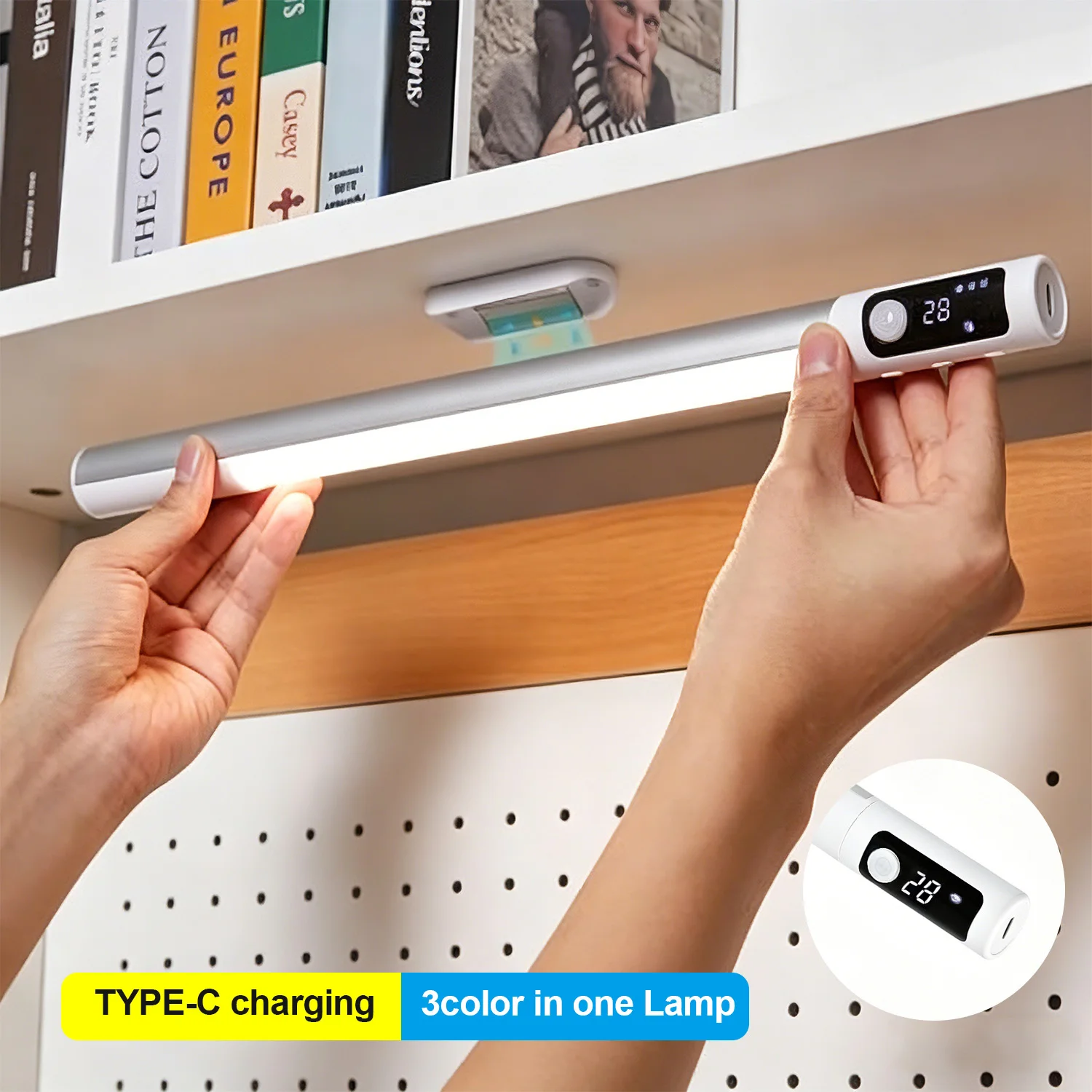 LED Digital Display Motion Sensor Night Light Type C Rechargeable Closet Light Magnetic Sensor Lamp For Cabinet Kitchen Lighting