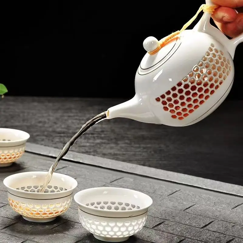 New White Porcelain Hollow Tea Set Chinese Kung Fu Home Teaware Ceremony Puer Kettle Pot 6 Tea Cups