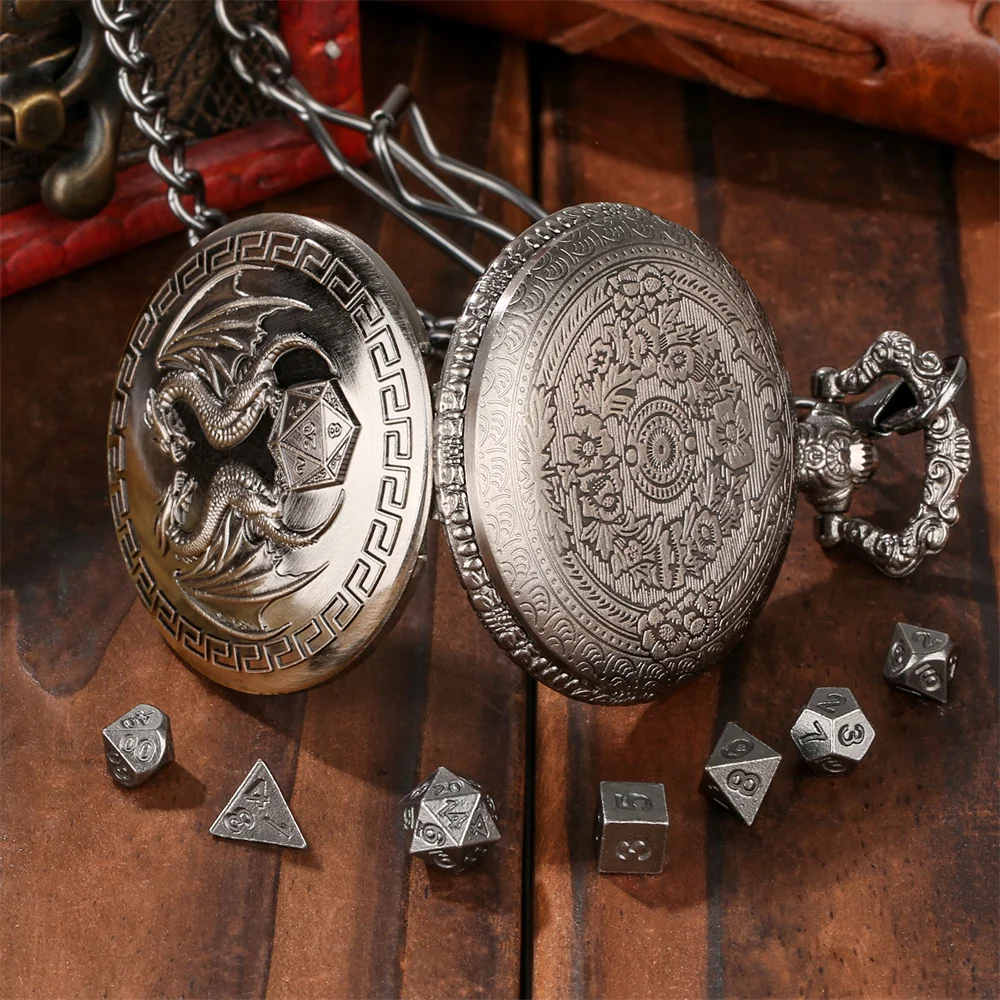 Grey Black/Bronze Double Dragon Pocket Watch Case Mini Dice Set Novel Gift for Dice Lovers Fob Chain Pendant Polygon Game Dices