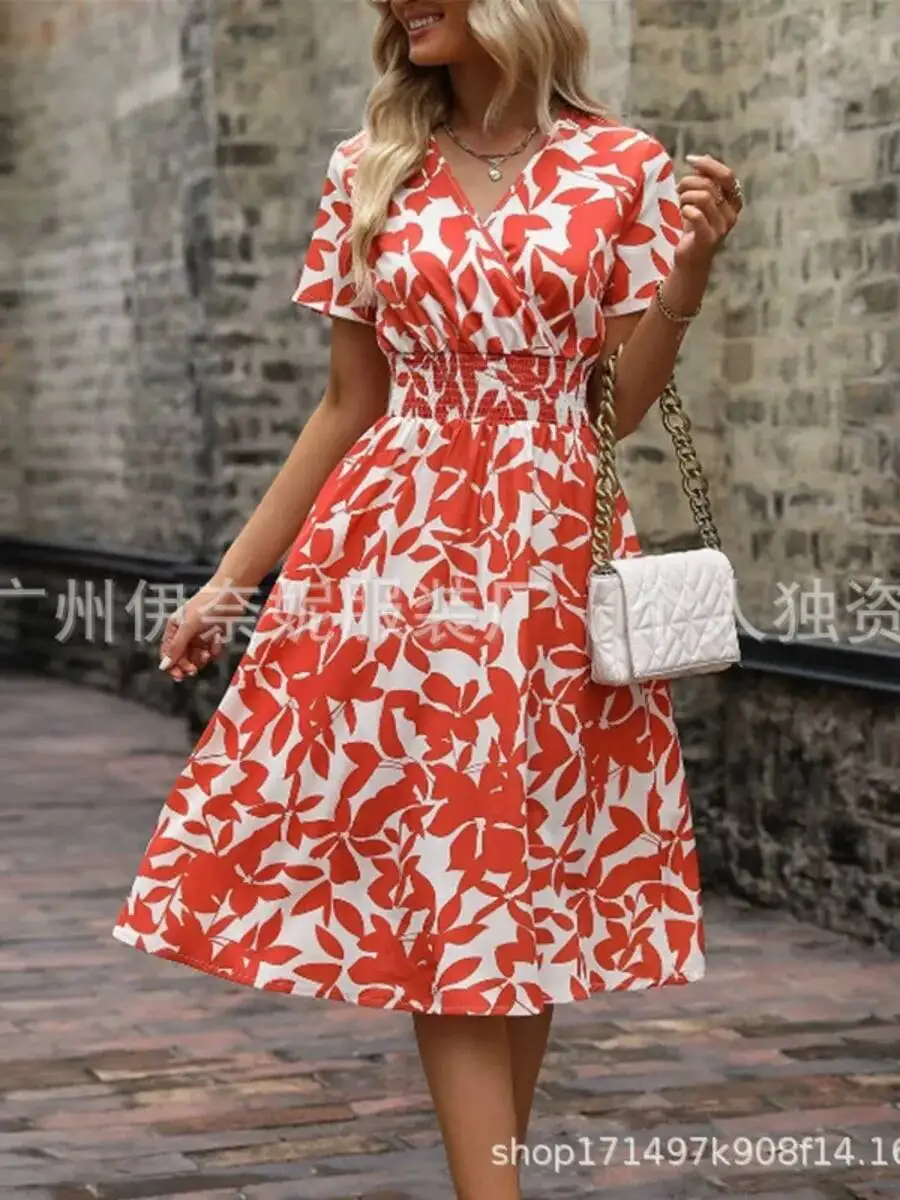 2025 europeu americano nova primavera verão de manga curta com decote em v folha floral bainha grande saia cintura vestido vestidos topos 2kd7