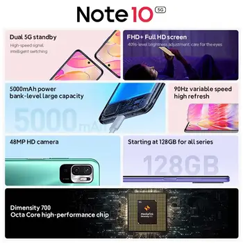 5G Smartphone Xiaomi Redmi Note 10 128GB 256GB 7nm Dimensity 700 6,5 palcový displej 48MP fotoaparát 5000mAh mobilní telefony Globální ROM 8 nejlepší prodej Redmi Note 10 128GB - №1