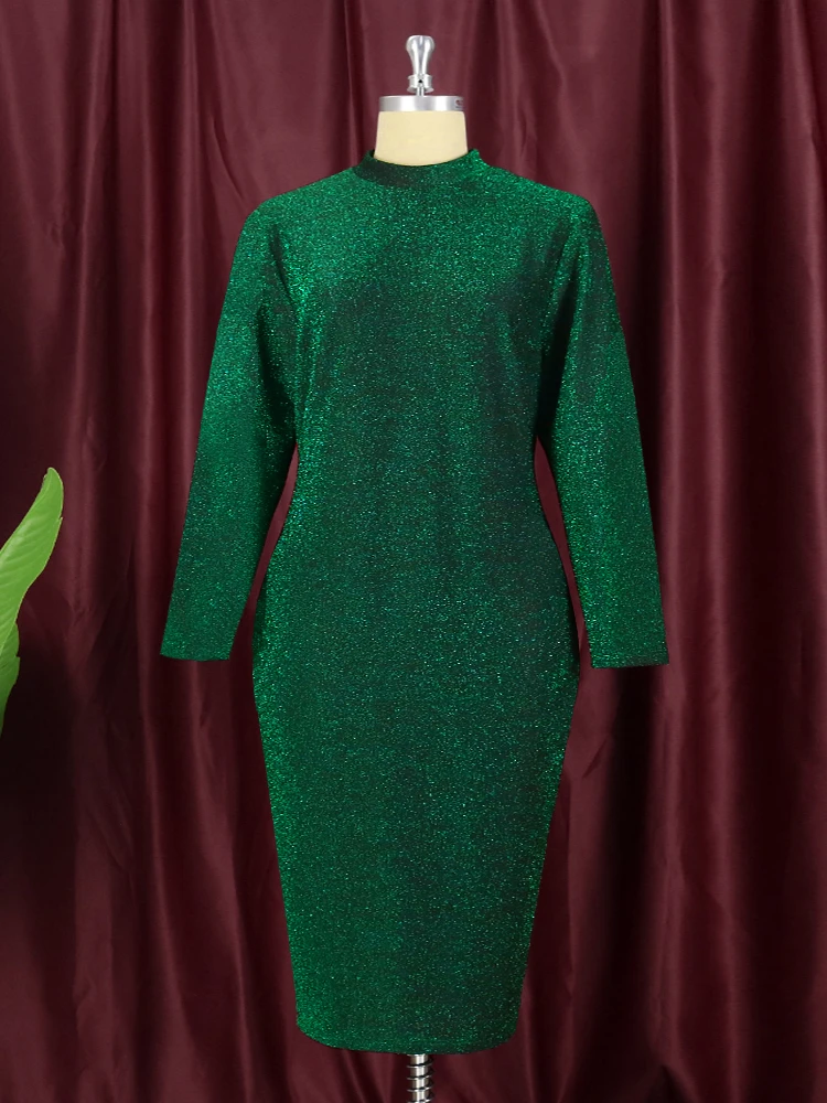 Turtleneck Plus Size Dresses 4XL Women Long Sleeves Sexy Bodycon Sequins Green Blue Christmas Evening Party 2023 Winter Robes