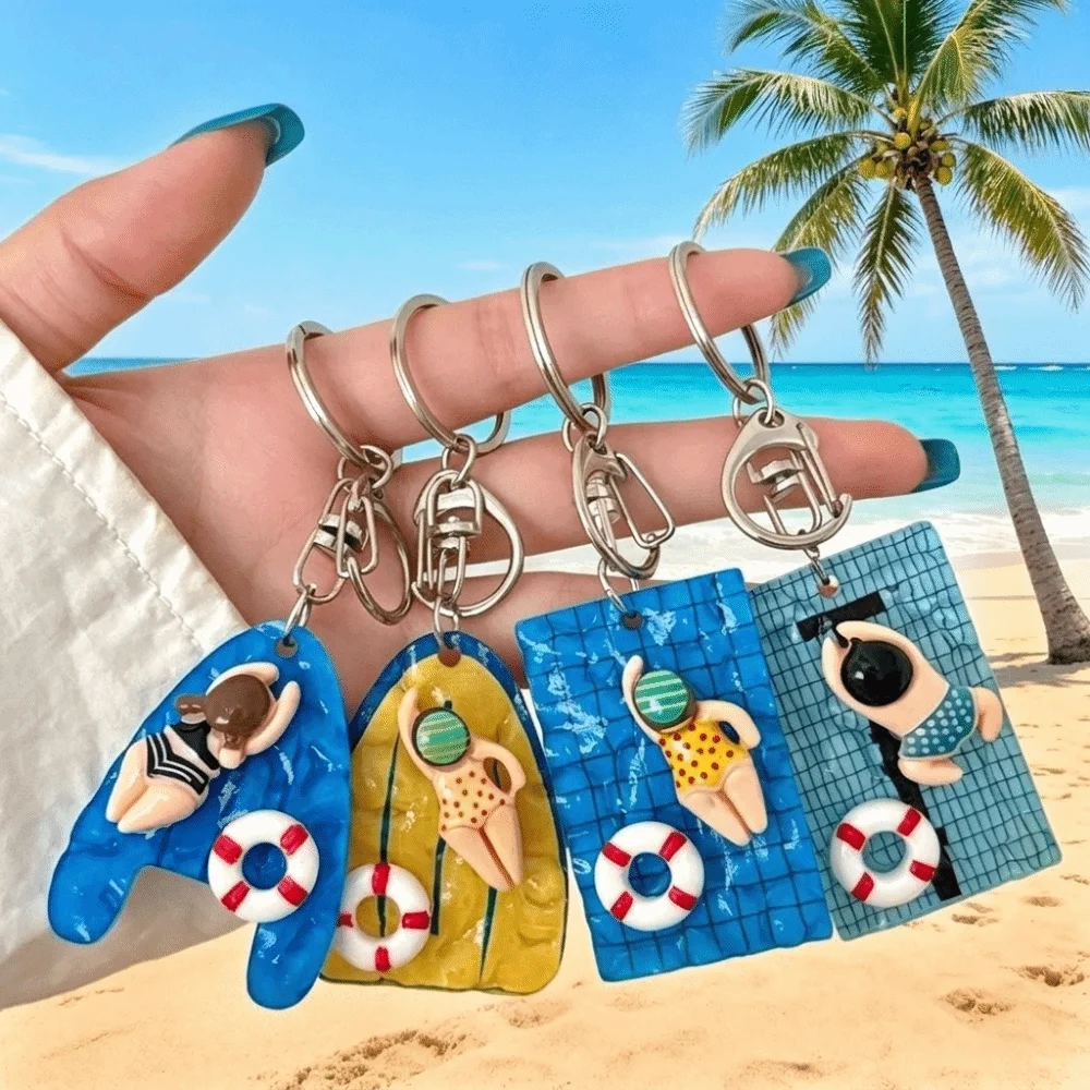 Niedlicher Acryl-Schwimmbrett-Schlüsselanhänger, dekorativer Schwimmfigur-Anhänger aus Legierung, blau-gelb, kreativer Taschenanhänger für den täglichen Gebrauch – Detail 4