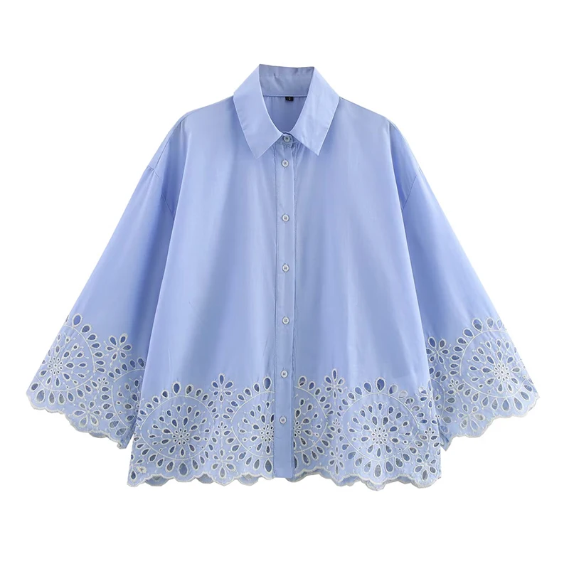 Spring 2026 Women Hollow Out Embroidery Blue Shirt Front Button Lapel Collar Loose Blouse Streetwear Blusas Mujer D5QR