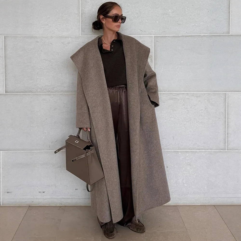 2026 Winter Elegant Wool Women Long Coat Belt Design Solid Coats Shawl Collar Thicken Lady Coats  Fashion Female Outwears