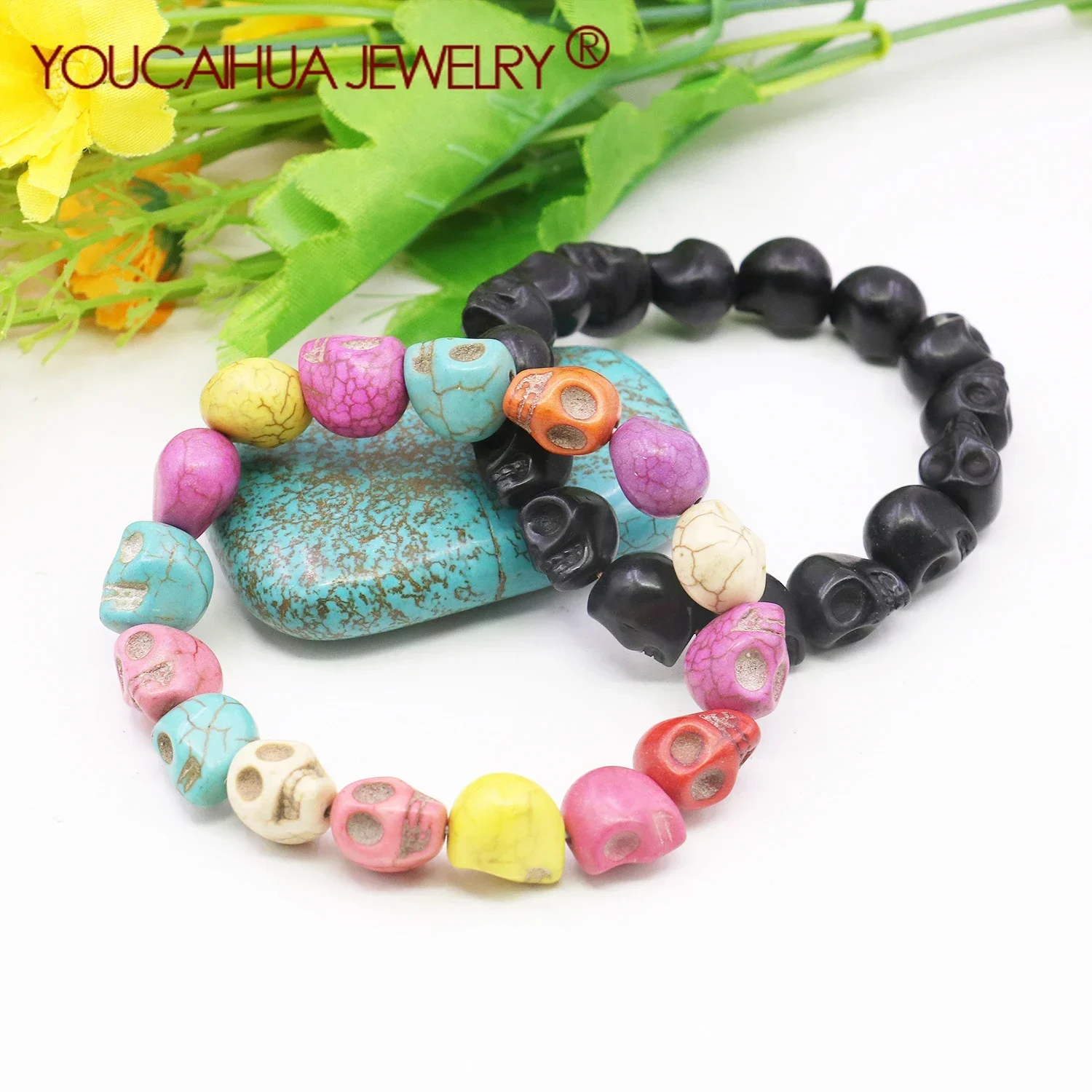 

12mm Multicolor Skull Turkey Turquoises Halloween Bracelet Women/Men Gemstone Bead Lace-up Elastic Jewelry Making Hand Ornaments