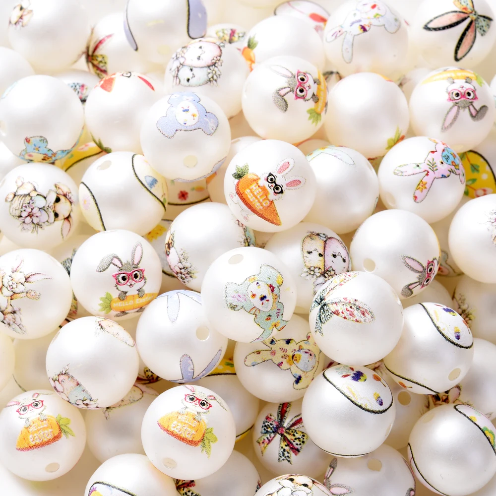 10Pcs Frosted White Acrylic Beads Printed Easter bunny pattern Round Loose Beads for DIY Pacifier Chain Clips Bracelet Necklace