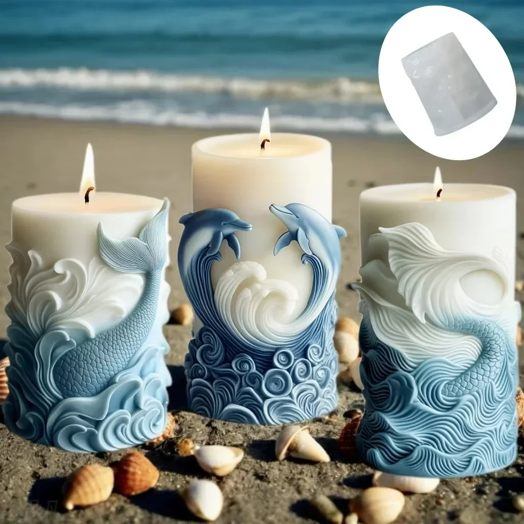 Ocean Wave Foam Cylindrical Candle Silicone Mold Whale Dolphin Relief Cylindrical Candle Mould Home Decor Gypsum Resin DIY Molds