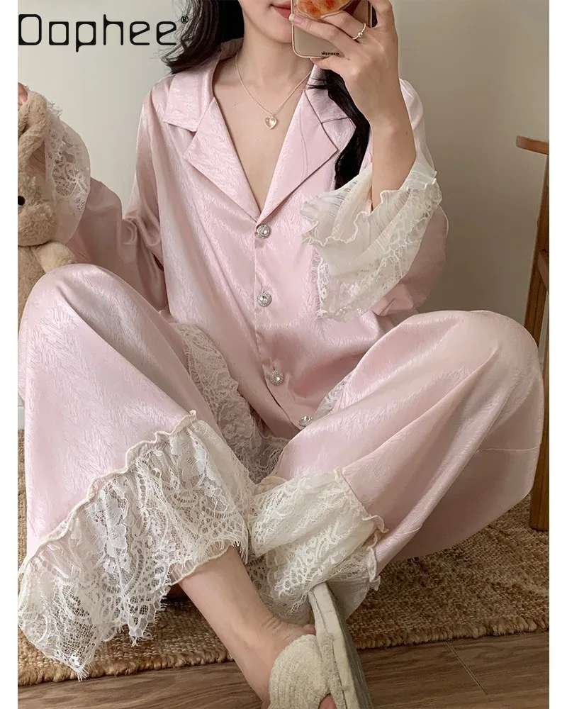 French Retro Pure Desire Pajamas V-shaped Lapel Long-sleeved Multi-layer Lace Splicing Trousers Two-piece Women's Loungewear