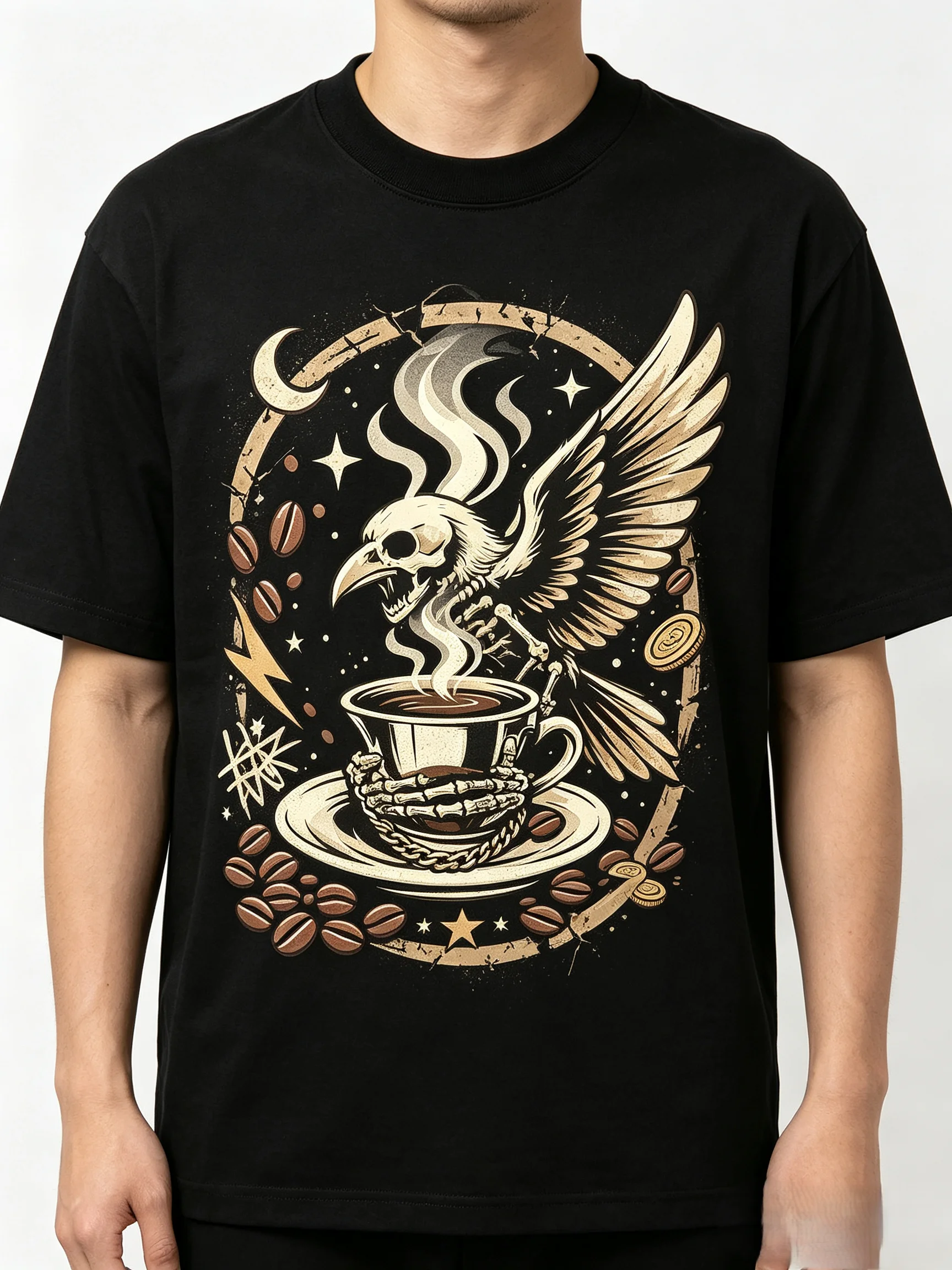 Gothic Skeleton Raven Coffee Cup T Shirt Vintage Dark Punk Coffee Beans Graphic Tee Unisex Oversized Black Short Sleeve Casual Streetwear For Men Women