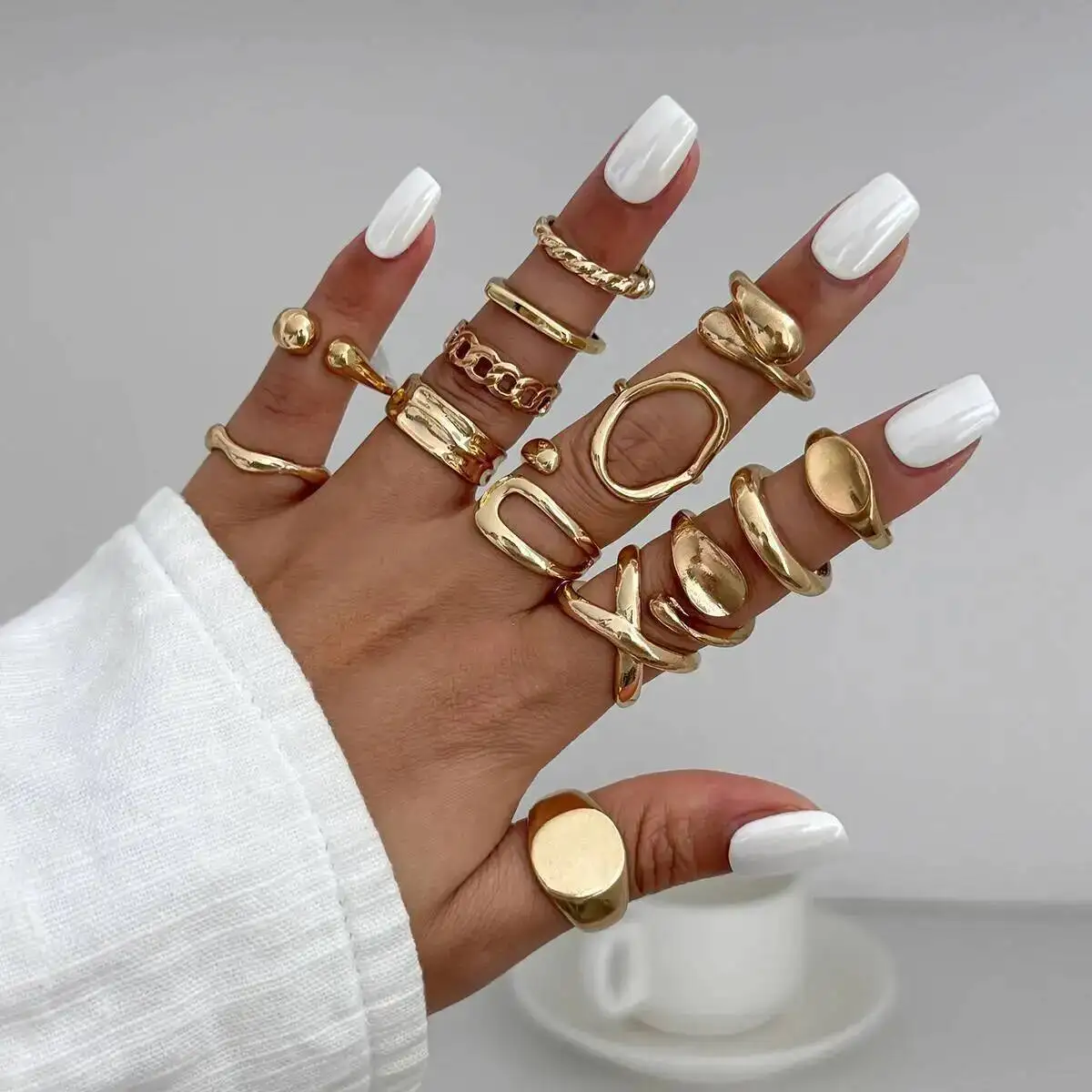 IngeSight.Z 14Pcs/Set Hip Hop Punk Irregular Metal Opening Rings Women Vintage Gold Color Knuckle Joint Ring Party Jewelry Gift view 2