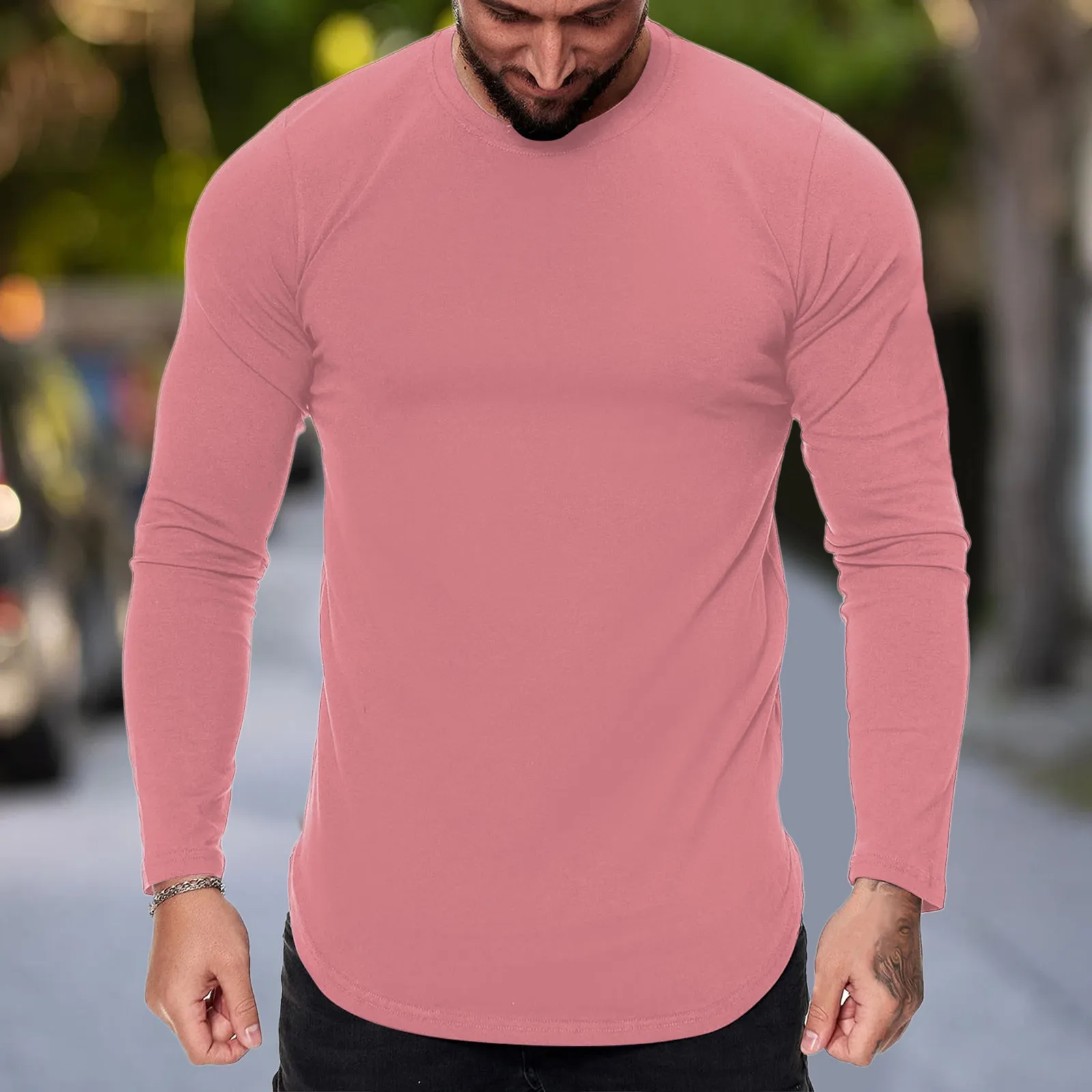 Solid Color T Shirt Mens Sports Fitness Fashion Outdoor Curved Hem Casual Long Sleeve Round Neck Tee Shirts Harajuku Hip-Hop