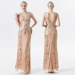 Mandylandy Sequins Gatsby Dress Sleeveless Deep V-neck Slim-Fit Long Retro Dress 1920 Party New Women's Slim Fits Midi Dress