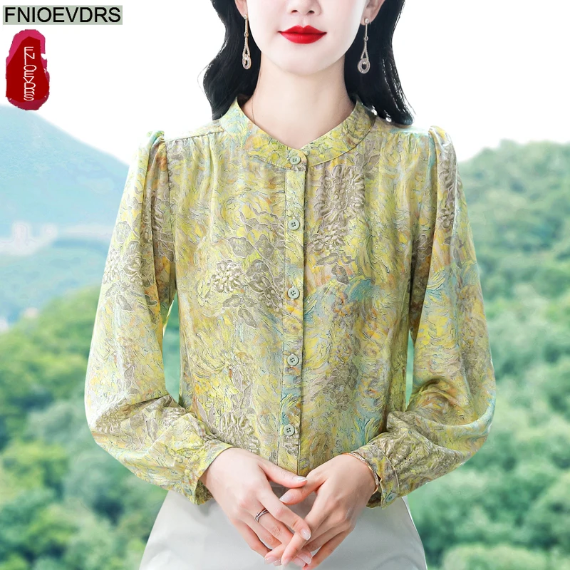 Bling Retro Vintage Stehkragen Tops Blusen Neujahr 2026 Frühling Frau Blumendruck Elegante Pendler Lady Button Basics Shirts