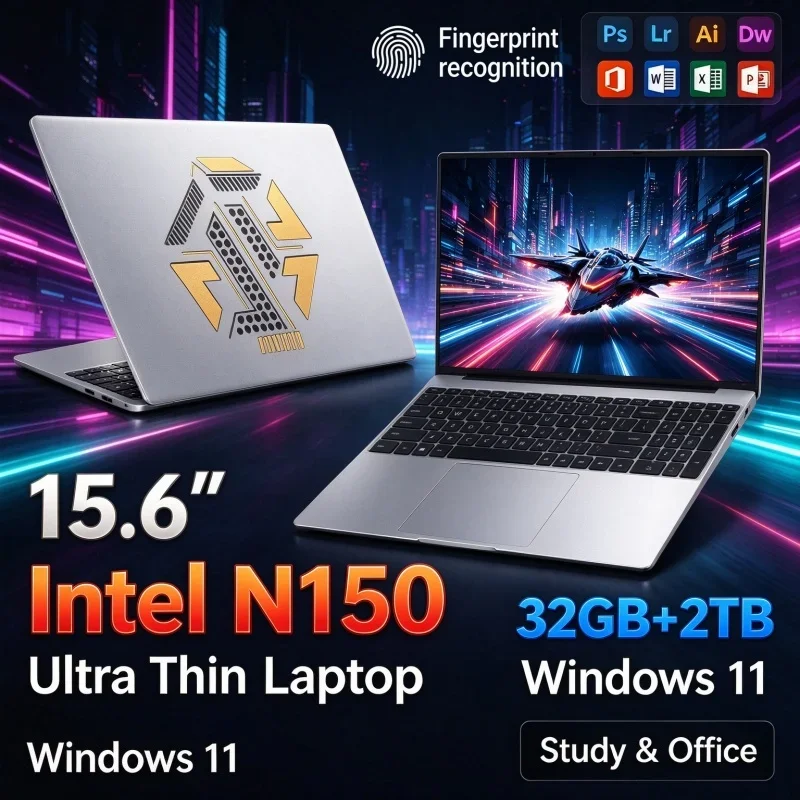 15.6'' Inch Windows 11 Notebook PC Intel N150 32GB RAM 1TB/2TB SSD Fingerprint Unlock Portable Business Student Gaming Laptop