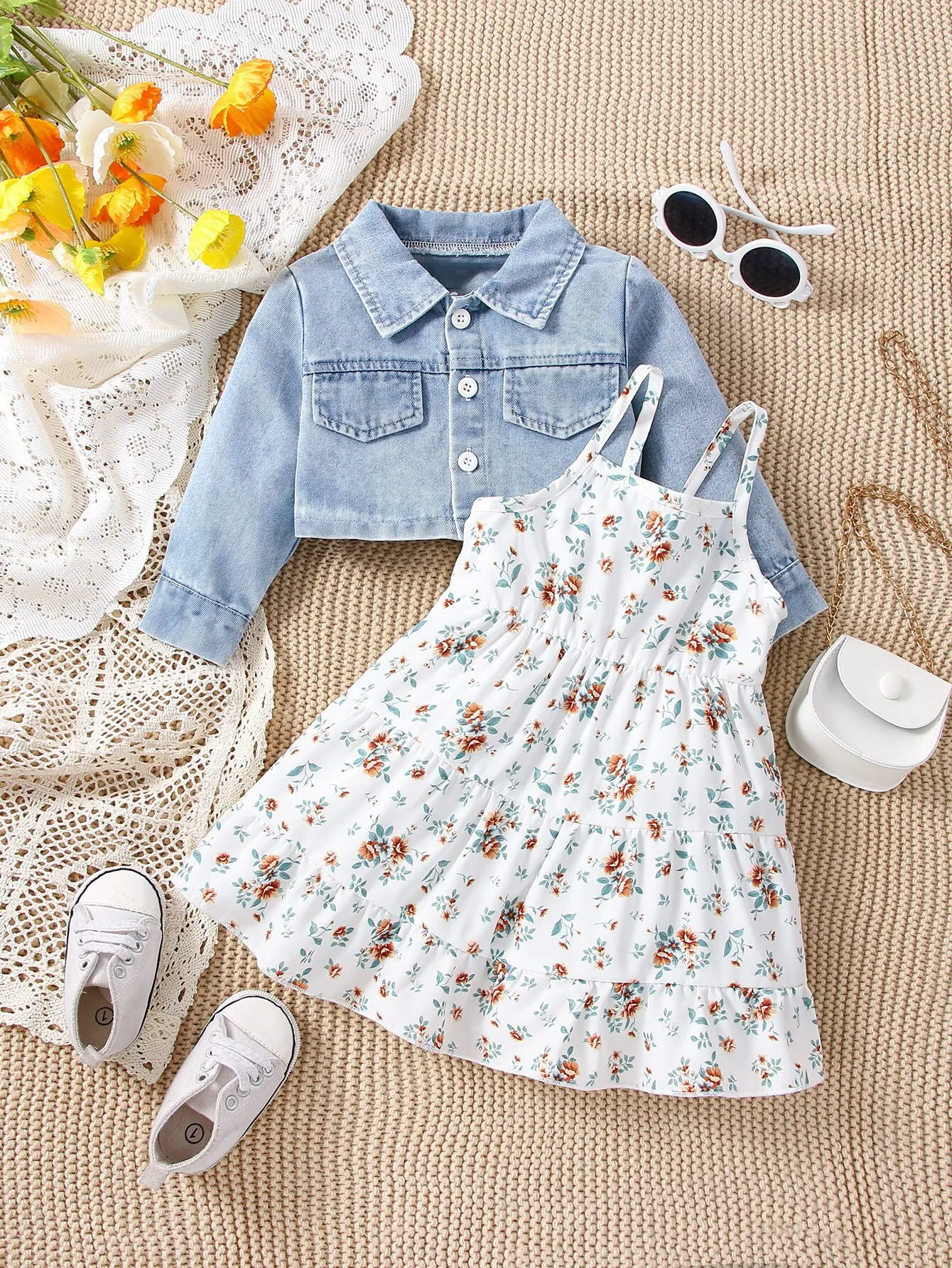 Baby Frühling und Herbst Denim Mantel Floral + Slip Rock Zwei-stück Casual Weibliche Neugeborenen Street Fashion Anzug Outdoor urlaub Tragen