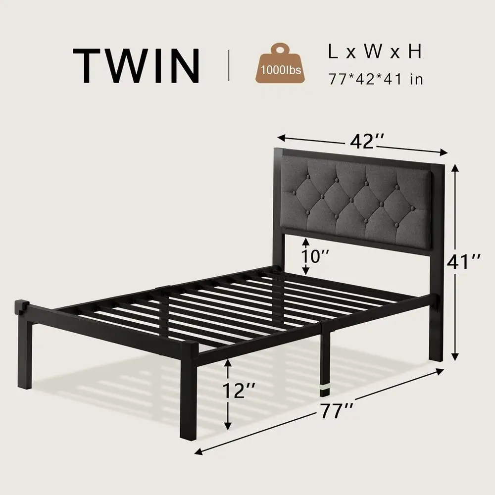 12 Metal Platform Bed Frame with Linen Headboard, Button Tufted, Dark Grey, No Box Spring, Storage Included