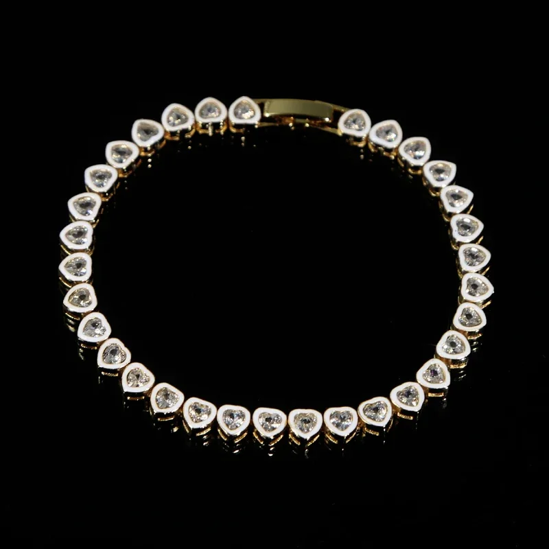 

Модные женские украшения золотого цвета 2025 года, белая эмаль, 5А, безель с кубическим цирконием, браслет-цепочка с фианитом в форме сердца, теннисный браслет-цепочка