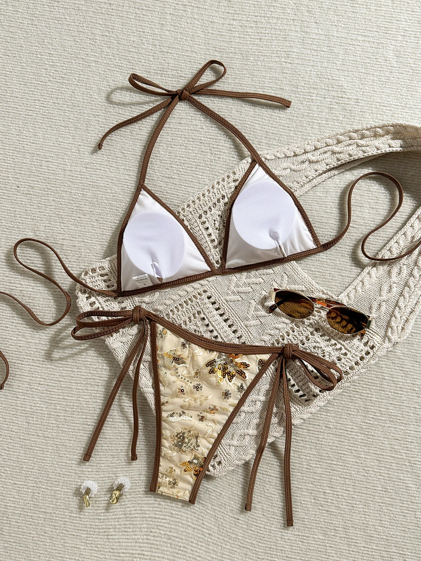 Women Mint Mesh Sequin Floral Embroidery 2 Piece Bikini Set Halter String Triangle Top Side Tie High Cut Bikinis Beach Swimwear
