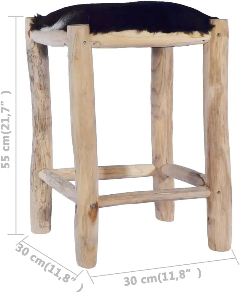 Vidaxl Real Goat Leather And Solid Teak Wood Bar Stool - Rustic, Unique Design, Ideal For Restaurants, Bars, Home Living &