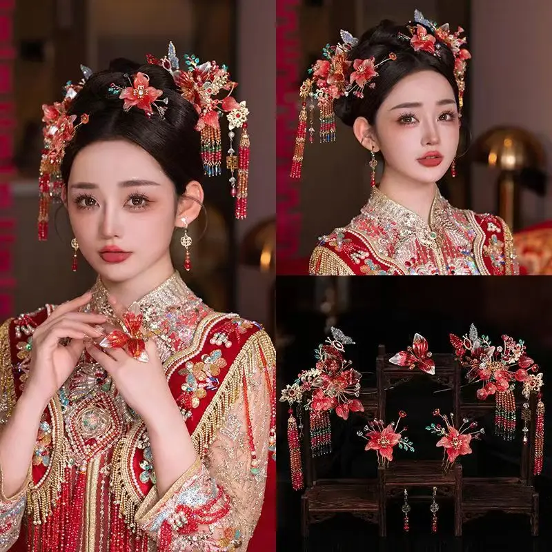 Himstory Chinese Wedding Dress Headwear Hanfu Ancient Headdress Xiuhe Style Ethnic Red Tassel Hair Accessories Jewelry