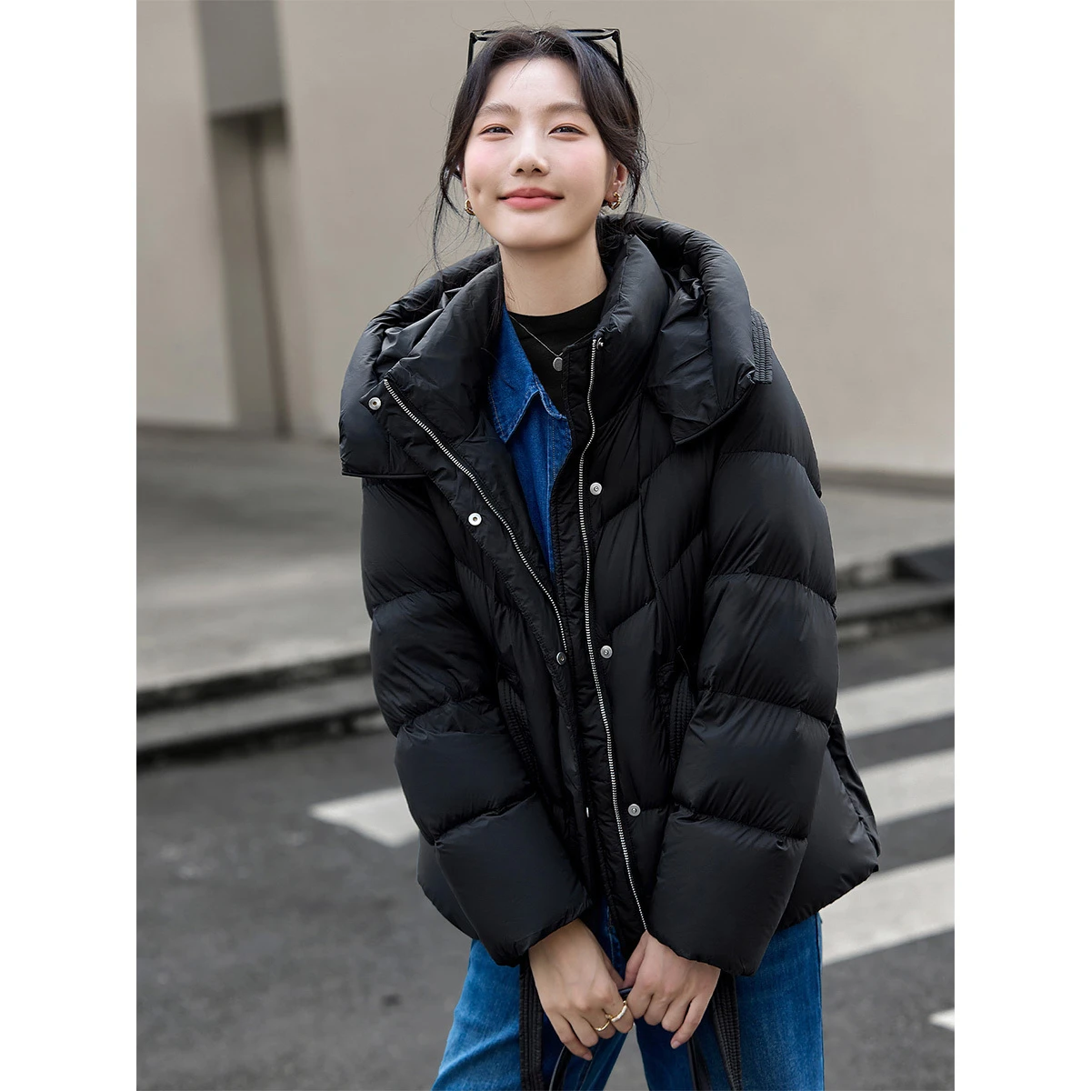 Vimly レディース ブラック パファージャケット 2025 冬 スタンドフード付き襟 暖かい 防風 ルーズフィット 美しいカジュアルダウンコート 50860