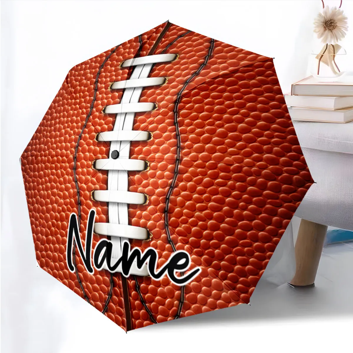 Custom Name Basketball-Themed Decorative Umbrella Print 8 Iron Ribs Folding Umbrella, Auto-Open Fashion Sunshade