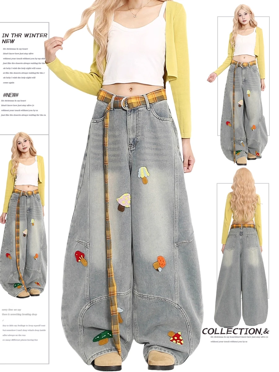 

Ретро-джинсы с вышивкой в американском стиле для женщин, осенне-зимние, свободные, удлиненные, скрывающие недостатки фигуры, широкие брюки с эффектом похудения