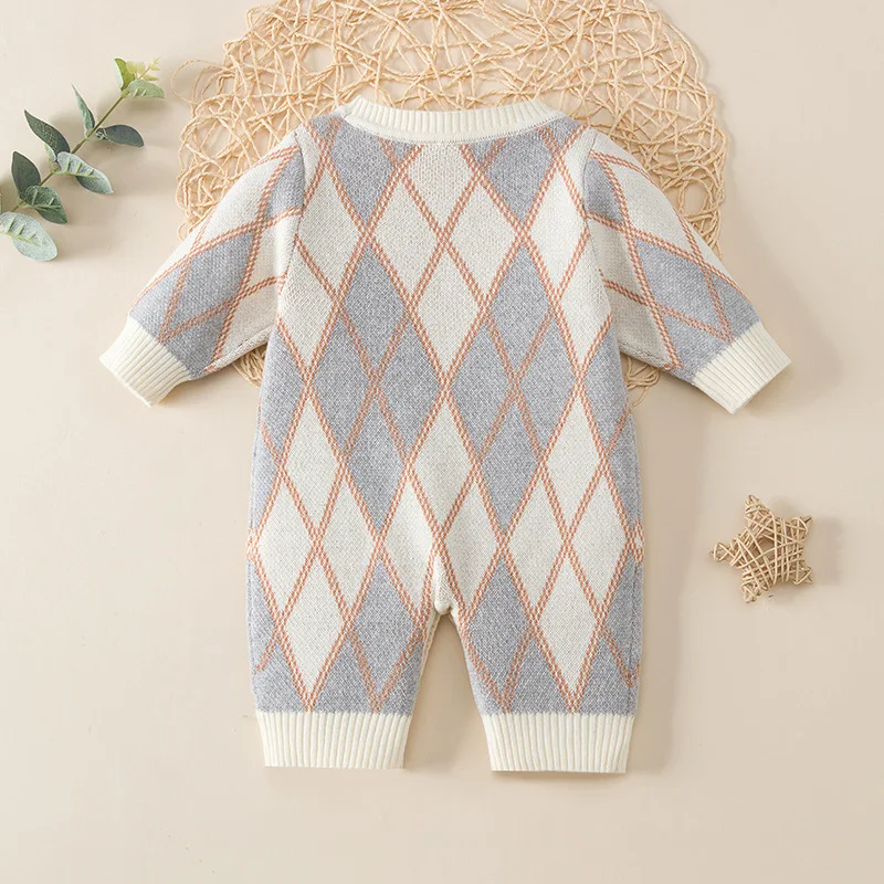 Autumn Ins Infant Boy Bodysuit Cotton Knitted Argyle Color Blocking Baby Boys Sweaters Long Sleeve Pullover Newborn Boy Knitwear