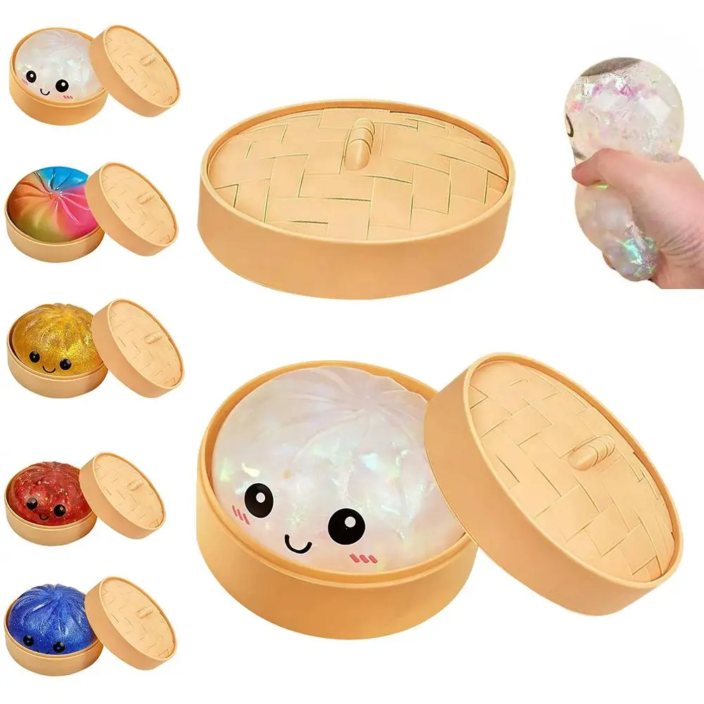 Glitter Dumpling Squishies Toys With Steamer Box Simulated Dough Adult And Child Squeeze Toys For Stress Relief Prank Props