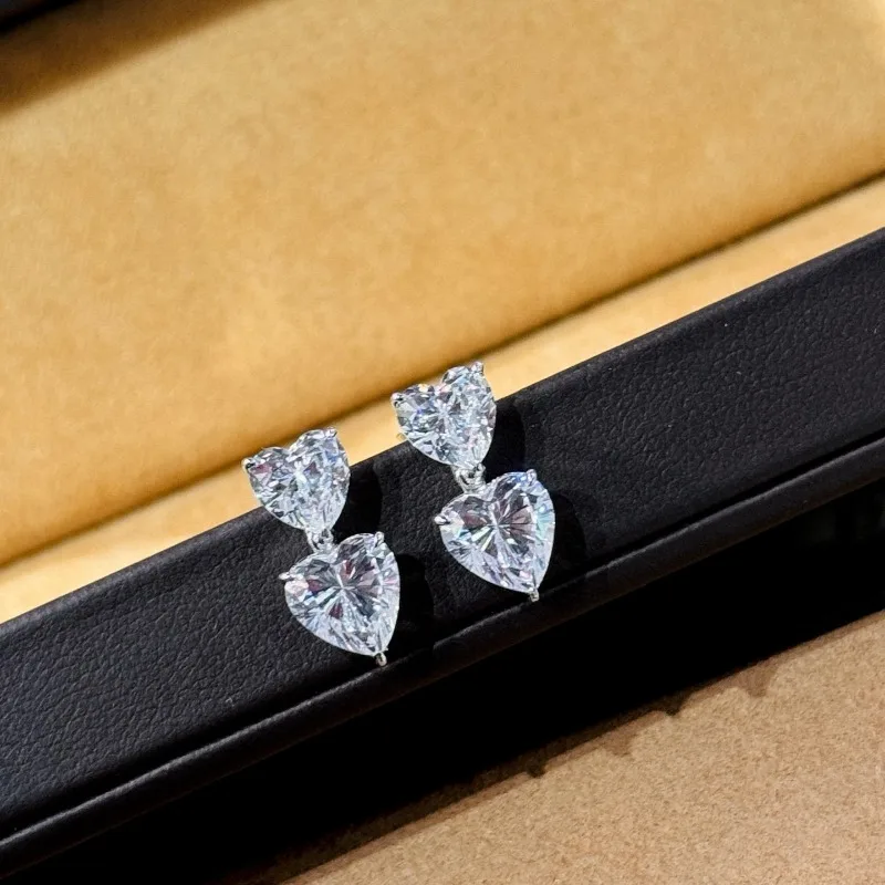 

Shining U 925 Sterling Silver Double Heart High Carbon Diamond Gems Drop Earrings for Women Wedding Fine Jewelry
