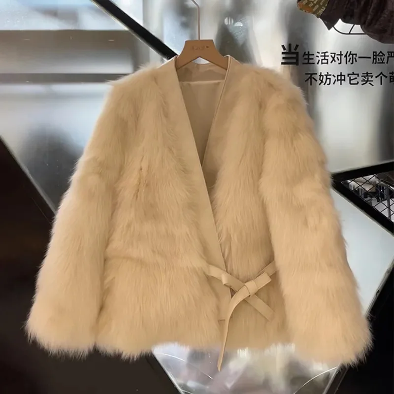 Women's Imitation Fur Jacket For Autumn Winter 2025 Light Luxury Fur Coat Lady's Splicing Outwear Loose Women's Coat Lace up