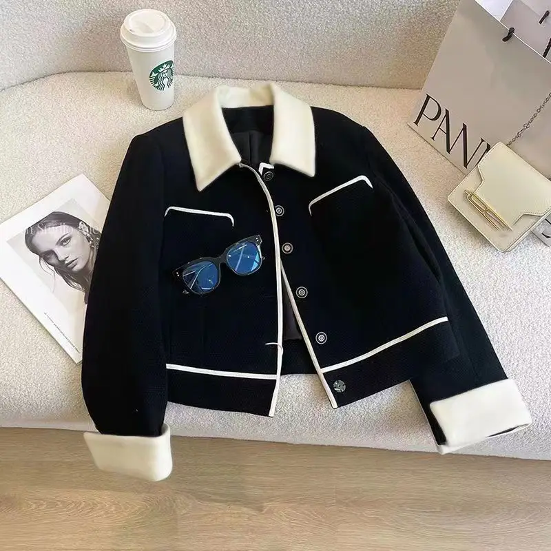 2024Women's Autumn and Winter New Fashion Elegant POLO Collar Button Pocket Temperament Versatile Long Sleeved Slim Fit Jacket