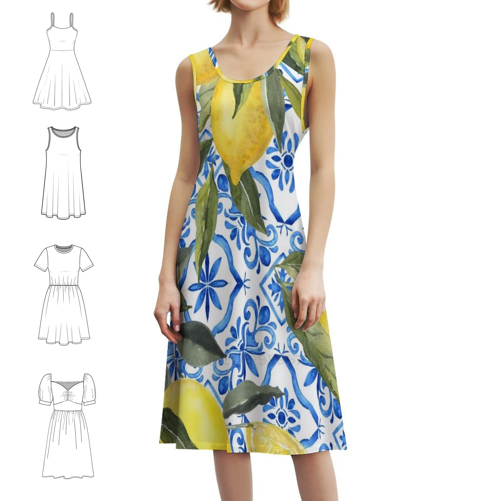 

Lemons On Blue Tiles Женское уличное платье в стиле хип-хоп с графическим принтом Одежда для вечеринок и клубов Лимонные лимоны Сицилийская плитка Плитка Синяя женщина